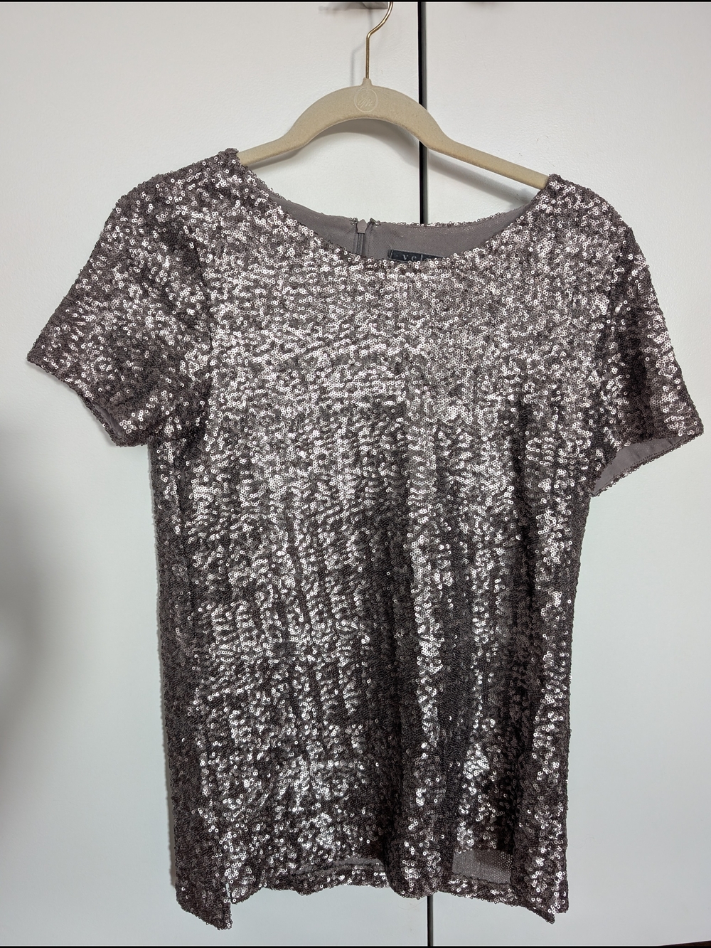 Velvet Sequin Short-Sleeve Women's Top in Taupe Size M